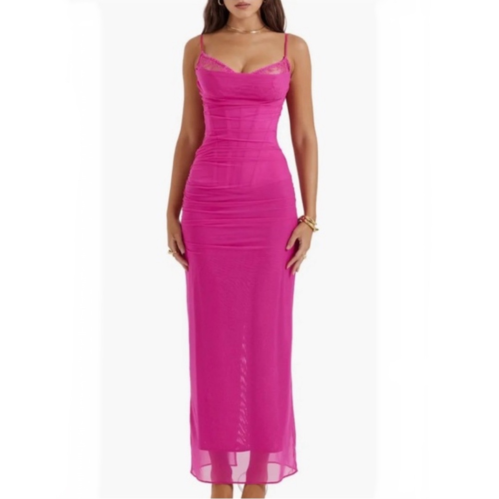 House of CB Nalini Mesh Corset Cocktail Dress in Fuchsia Size: S